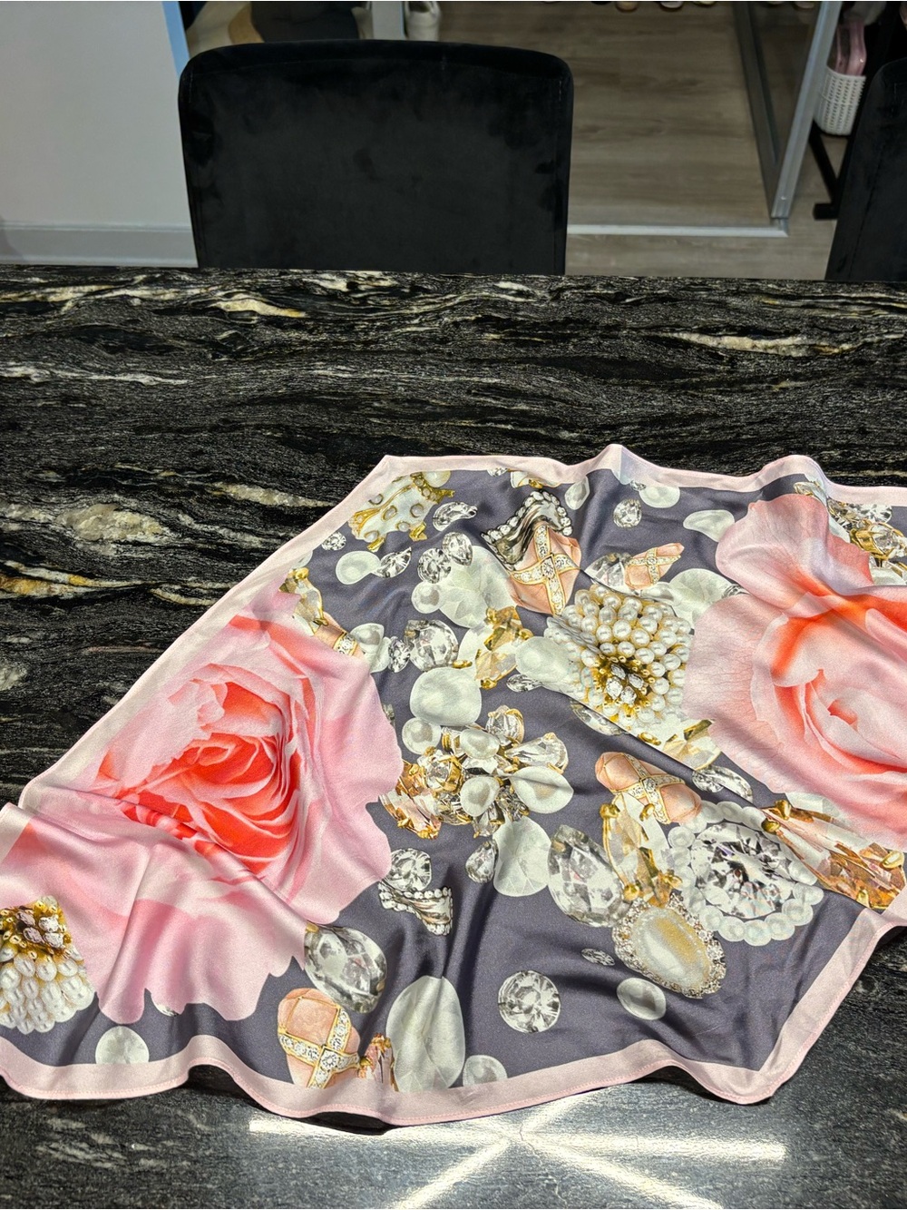 Ted Baler Floral & Jewel Print Satin Scarf in Pink and Gray